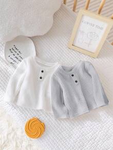 SHEIN 2pcs Newborn Baby Boy/Girl Grey & White Autumn/Winter 2 Pieces Set, Vintage Casual Basic Decorative Button Crew Neck Long Sleeve Textured Knit Ribbed Pullover, Versatile & Stylish For Home & Outings