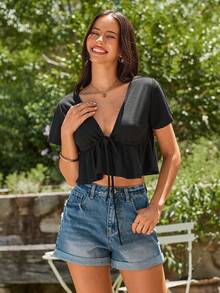 KARISMINA Drawstring Waist Solid Sexy Woman Top - Black - View 1