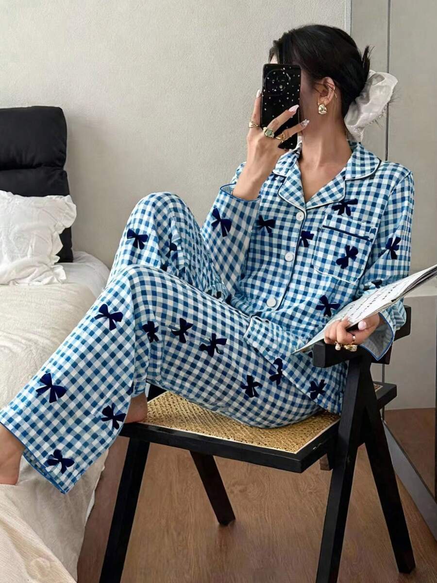 Genkimix Kids 女学生睡衣套装，可爱蝴蝶格子印花长裤和开衫，长袖休闲两件套家居服，适合青少年女孩 - 彩色 - 查看 1