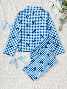 Genkimix Kids 女学生睡衣套装，可爱蝴蝶格子印花长裤和开衫，长袖休闲两件套家居服，适合青少年女孩 - 彩色 - 查看 2