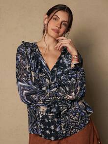 SHEIN VCAY Plus Size Women Floral Print Ruffle Collar Long Sleeve Fashion Blouse - Black - View 6