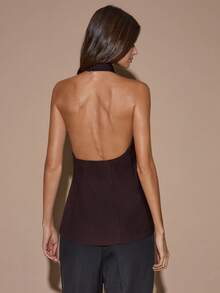 SHEIN BAE 女士优雅露背吊带纯色咖啡棕色上衣，优雅上衣，交叉吊带裹身款式，秋冬款 - 棕色 - 查看 2