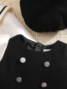 SHEIN 2件套女婴可爱羊毛无袖连衣裙和撞色彼得潘领长款开衫套装 - 黑色 - 查看 13