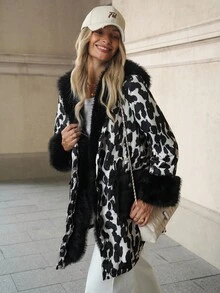 Solivie 女士秋冬加厚领羽绒服，加厚马甲仿皮草外套，女士冬季外套，奶牛纹女式冬季长款黑色保暖加厚棉质外套，动物纹豹纹外套，带内衬的女士秋季外套 - 彩色 - 查看 3