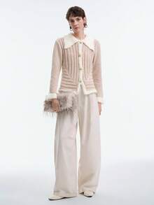SHEIN Stylify 女士秋冬新款单件式 Polo 领针织开衫，柔软舒适，百搭时尚，高品质钩编设计 - 杏色 - 查看 6
