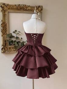 Lovelzi 优雅、浪漫、性感的黑色缎面面料，深 V 领，收腰，紧身胸衣，大量水钻装饰，有骨紧身胸衣，后背系带，A 字裙，褶皱设计，适合毕业典礼、学校开学、音乐节、生日派对、婚礼、舞会礼服 - 紫紅色 - 查看 5