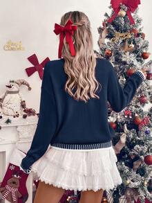 LanaWest Women's Christmas Font Pattern Knit Sweater For New Year Clothes - Navy Blue - View 2