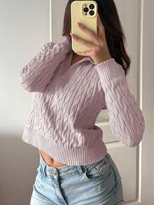 Flirla 女士休闲抽绳长袖针织毛衣，浅黄色，秋冬 - 淺粉色 - 查看 3