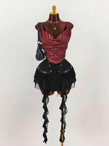 Y2K Amplova Plus Size Women Plaid Sleeveless Casual Blouse/Christmas Criss Cross Top Red Checkered Top Red Plaid Top Plaid Two Piece Set Scarf Top