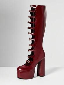 SHUZIA Fashionable Run-Way Women's Burgundy Thick Platform Chunky Heel Knee High Round Top Multi Buckle Strap Comfort Fall Winter Holiday Shoe For Christmas Valentine's Day - Burgundy - View 3