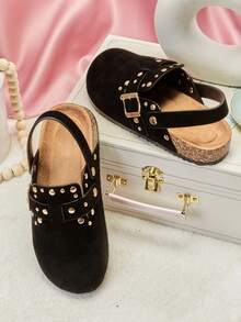Mini mi #StarryWalk 儿童铆钉搭扣装饰仿麂皮黑色后跟带木屐——适合活泼小脚丫的酷炫套脚鞋 - 黑色 - 查看 4