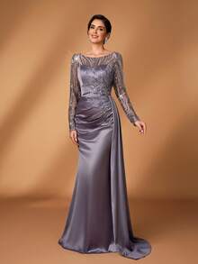 Serin Váy đuôi cá dài tay bằng vải satin co giãn, thêu hoa lưới đính ngọc trai và sequin sang trọng, thanh lịch, xẻ tà bên hông, thích hợp cho đám cưới, tiệc tùng, kỳ nghỉ, váy dạ hội cho cô dâu và mẹ cô dâu - Màu xám đen - Xem 6