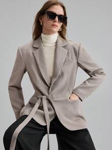 Ontre 2026 Spring/Summer Women's Asymmetric Design Waist Cinched Loose Fit Lapel Collar Office/Casual Blazer Jacket, Versatile For Independence Day, Business, Commute, Romantic, Vacation Party, Fashion - Grey - View 3