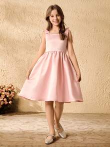 Girls' Bowknot Strap Flare Dress, Pink Satin Prom Gown - Pink - View 5
