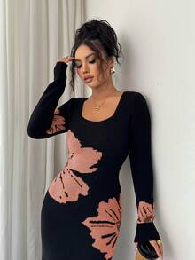 Elenzga Square Neck Jacquard Knit Bodycon Waist Sweater Dress - Orange - View 6