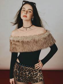 Rina Fox Sexy Chic Off-Shoulder Long Sleeve Fitted Furry Bodysuit