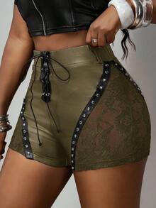 Slaydiva Quần short nữ mùa hè mới, phong cách thường ngày, năng động, gợi cảm, kiểu Y2K, thích hợp cho hẹn hò, sinh nhật, tiệc tùng. Chất liệu PU phối ren, đính đinh tán, hàng cúc giả phía trước và khoen trang trí. Quần short đen PU, quần siêu ngắn bó sát, quần mini, quần short nữ màu kaki, quần short gợi cảm, quần short đính đá, quần short buộc dây. - xanh quân đội - Xem 1