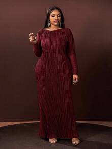 Veslaya 秋冬新品，优雅百搭，适合派对、约会、晚宴、毕业典礼、生日、婚礼等场合，宽松纯绿色网纱拼接长袖A字褶皱长裙，大码 - A - 紅色 - 查看 3