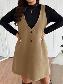 Lounesse 大码女装两件套 - 长袖上衣和无袖连衣裙 - 卡其色 - 查看 4