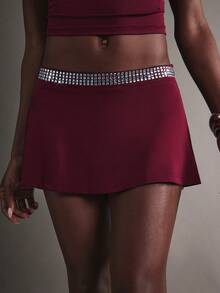Hauture Jupe mini évasée à taille basse ornée de strass pour femmes - Rouge foncé - Voir 6
