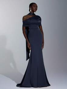 Elitara 优雅、浪漫、性感、时尚、绿色、弹力缎面、鱼尾下摆、拖尾、潮流、网红、假日、度假、生日派对、婚礼、伴娘礼服 - 藏蓝色 - 查看 7