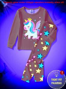 2 Piece Sets Snug Fit Pjs Young Girls Glow-In-The-Dark Cute Unicorn Print Crew Neck Knit Tight Fit Casual Comfortable Long Sleeve Top And Pants Pajama Set .This Product Requires UV Light Exposure To Glow.