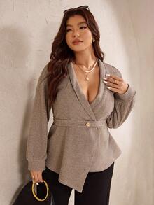 SHEIN LUNE Große Größen Jacke für Damen mit V-Ausschnitt, Revers, Fleecestoff, geraffter Taille und asymmetrischem Saum - Aprikosenfarben - Übersicht 4