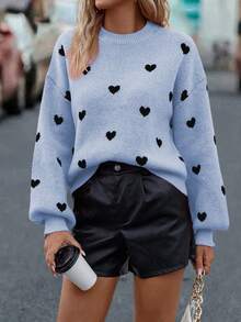 SHEIN LUNE Heart Pattern Drop Shoulder Casual Sweater, Autumn/Winter - Teal Blue - View 3