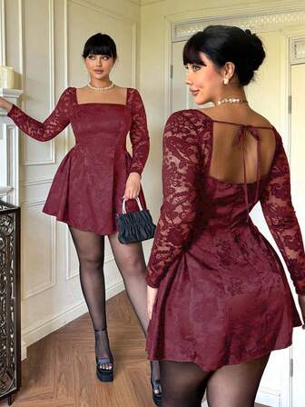 Lyrianda Vestido con escote de atar y espalda con lazo, de encaje, talla grande, para otoño/invierno