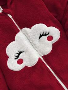 新生女宝宝可爱粉色毛绒卡通图案连帽连体衣，秋冬季 - 紅色 - 查看 6