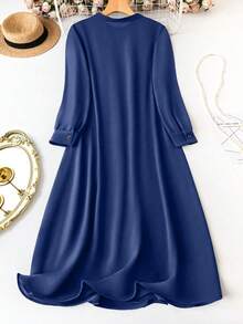 EMERY ROSE 加大码纯色前开襟长袖连衣裙，圣诞节女士长款套装 - 藍色 - 查看 2