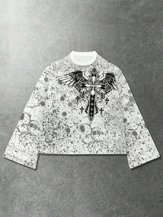 Street Life Camiseta de corte holgado con estampado digital de cruz y alas para hombre