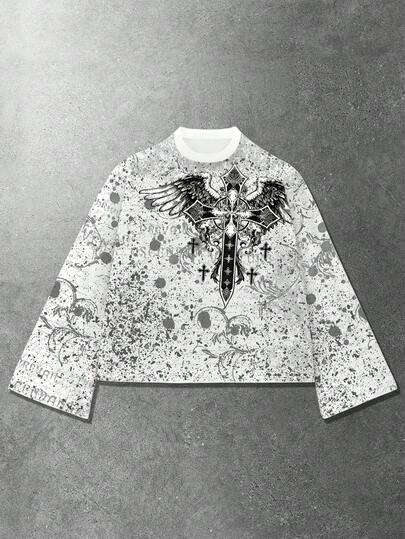 Street Life Camiseta de corte holgado con estampado digital de cruz y alas para hombre