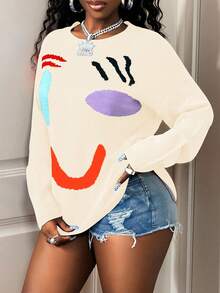 BamGleam Casual Smiling Face Patchwork Knit Sweater, Autumn/Winter - Apricot - View 6