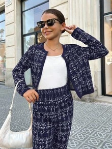 SHEIN Set jachetă și pantaloni în carouri pentru fete preadolescente, ținută casual versatilă, la modă, de zi cu zi