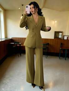 SHEIN PETITE 女士翻领收腰修身长袖长款西装套装，优雅商务OL装，适合工作、约会、秋季穿着 - 軍綠色 - 查看 7