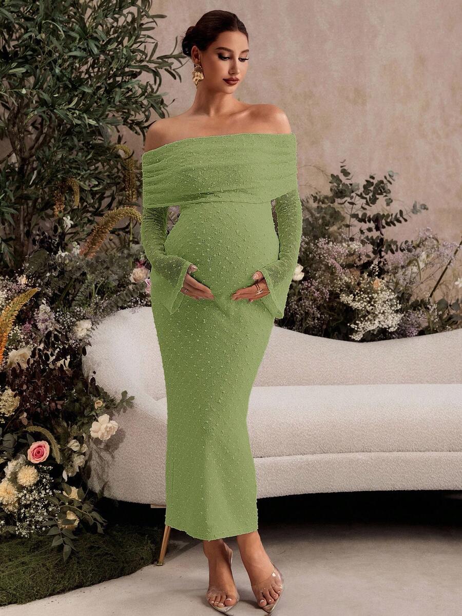MaterniChic Fall Clothes,Autumn Clothes,Materity Autumn Clothes Maternity  Elegant Maternity Party Evening Gown, Solid Color Textured Fabric Ruched Foldover Off Shoulder Split Hem Fitted Dress - Green - View 1