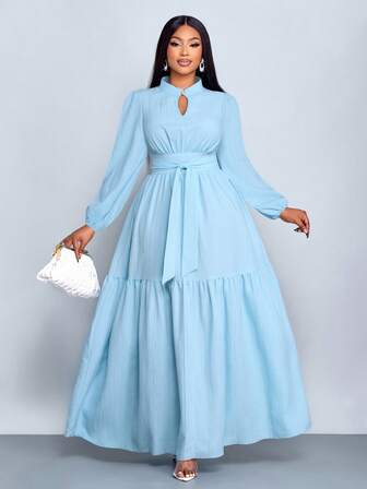 SOLERSUN Plus Size Women's Solid Color Loose Casual Stand Collar Front Slit Water Drop Button High-End Design Long Sleeve Waist Tie Slim A-Line Long Dress, Elegant And Comfortable Casual Fashion Commuter Temperament Dress, New Style, Daily Wear, New Year, Fall, Winter, Date, Christmas, Women's Clothing