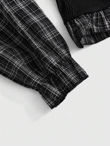 ROMWE Bộ 2 món vải chắp vá kẻ sọc phong cách Gothic: Áo sơ mi dài tay, Áo sơ mi kẻ sọc 2 trong 1 cỡ lớn dành cho nữ - màu đen - Xem 4