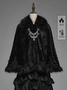 ROMWE Goth 复古宫廷拼布人造毛领钻石天鹅绒蕾丝边哥特式斗篷 - 黑色 - 查看 12