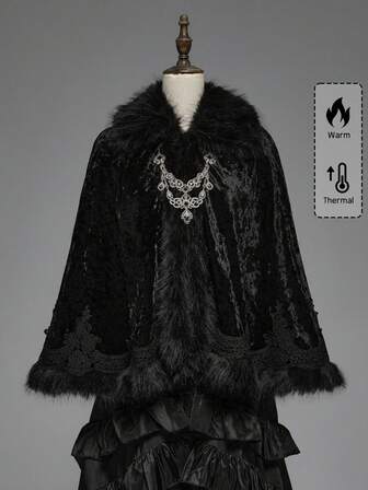 Goth Vintage Palace Patchwork Faux Fur Collar Diamond Velvet Lace Trim Gothic Cloak