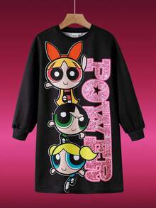THE POWERPUFF GIRLS X SHEIN Váy nỉ dáng rộng cổ tròn hở vai họa tiết hoa và chữ lấp lánh, bong bóng, họa tiết hoa mao lương cho bé gái tuổi mới lớn, màu đen, thu/đông - màu đen - Xem 2