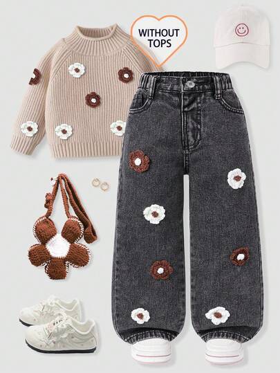 SHEIN ChillGRL Young Girl Denim Wide Leg Jeans, Vintage Distressed Look, Cute & Sweet Casual College Style Vacation Recommendation. Classic Washed Denim In Khaki, Coffee + White Handmade Floral Crochet Decor, Elastic Waist + Button Front Closure For Easy Wear, Loose Wide Leg Design Flatters The Legs And Shows Free Spirit. Suitable For Daily Outings, Campus Casual, Travel & Vacation Strolling, Easily Exudes Youthful Vitality!