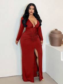 Maweii 大码纯色简约褶皱开衩性感连衣裙，日常穿着 - 紅色 - 查看 1