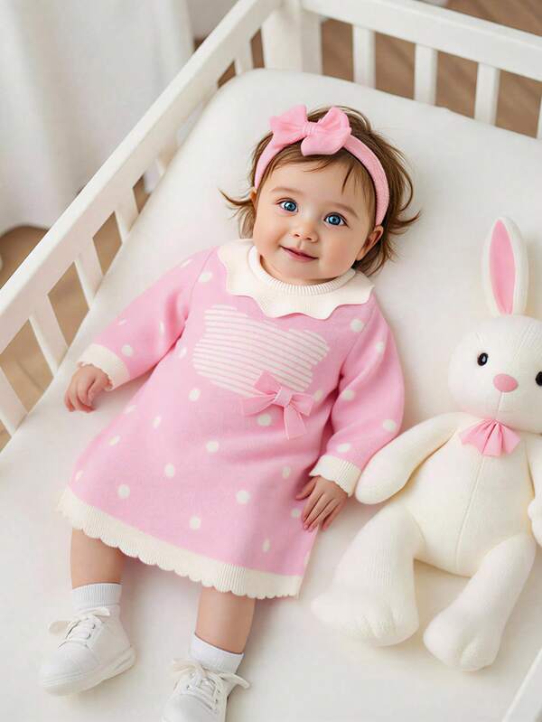 SHEIN Newborn Baby Sweater Dresses, Fashion Cute Polka Dot Jacquard 3D Bow Long Sleeve Knitted Dress, Soft & Comfortable, Suitable For Spring/Autumn, Daily, Outing, Travel, Vacation, Home, Nursery, And Children's Play