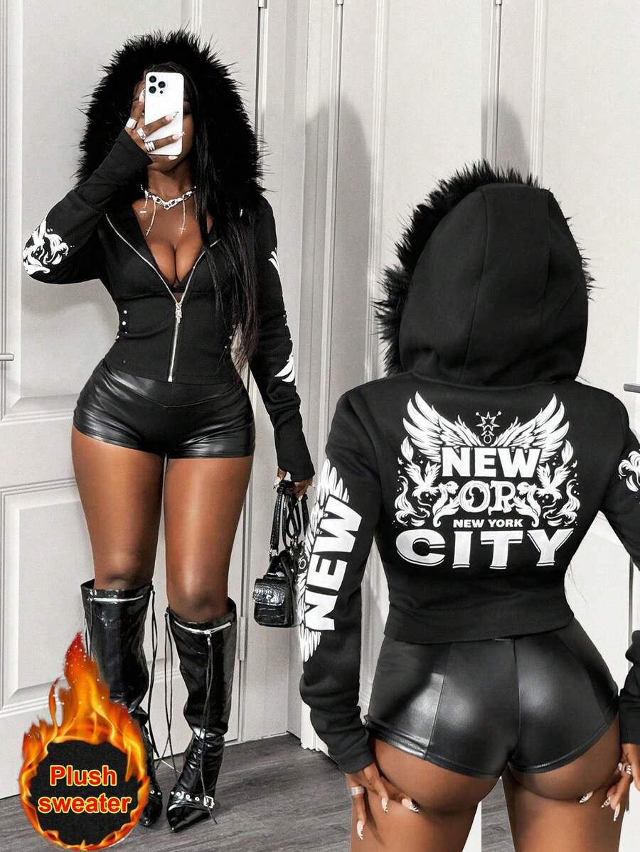 VaVaBold Women's Letter Print Long Sleeve Zip-Up Hooded Sweatshirt With Fur Collar, Fitted, Autumn/Winter Demon Slayr Night Out - Black - View 1