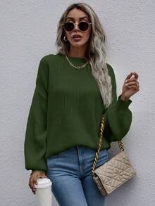 SHEIN LUNE Casual Solid Color Dropped Shoulder Loose Knit Sweater, Autumn/Winter - Green - View 5