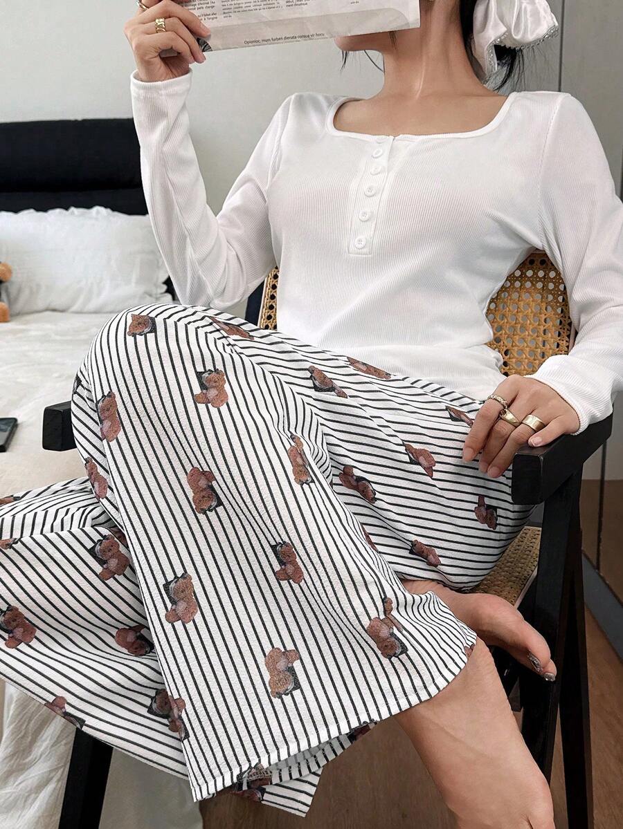 SHEIN Dream Adore 可爱小熊条纹印花方领装饰纽扣上衣和阔腿裤女士睡衣套装两件套,秋冬服装 - 黑色 - 查看 1