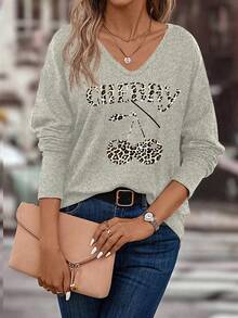 INAWLY New Arrival Hot Selling Women's Soft & Comfortable Casual Cherry Leopard Print Text V-Neck Long Sleeve T-Shirt, Spring/Summer
