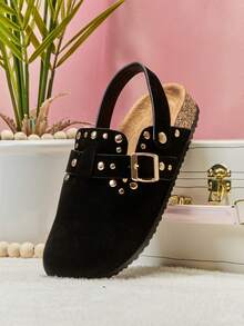 Mini mi #StarryWalk 儿童铆钉搭扣装饰仿麂皮黑色后跟带木屐——适合活泼小脚丫的酷炫套脚鞋 - 黑色 - 查看 5